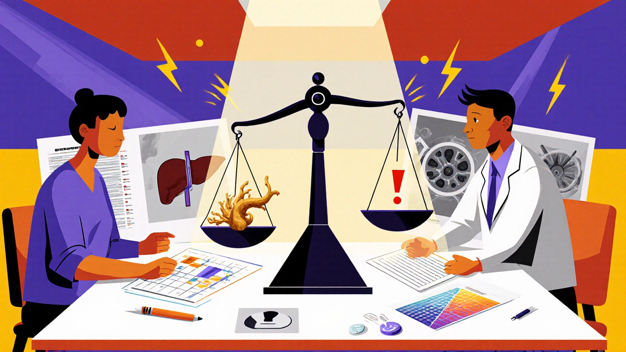 Doctor and patient reviewing ginseng types and glucose charts, scale balancing ginseng against blood sugar data.