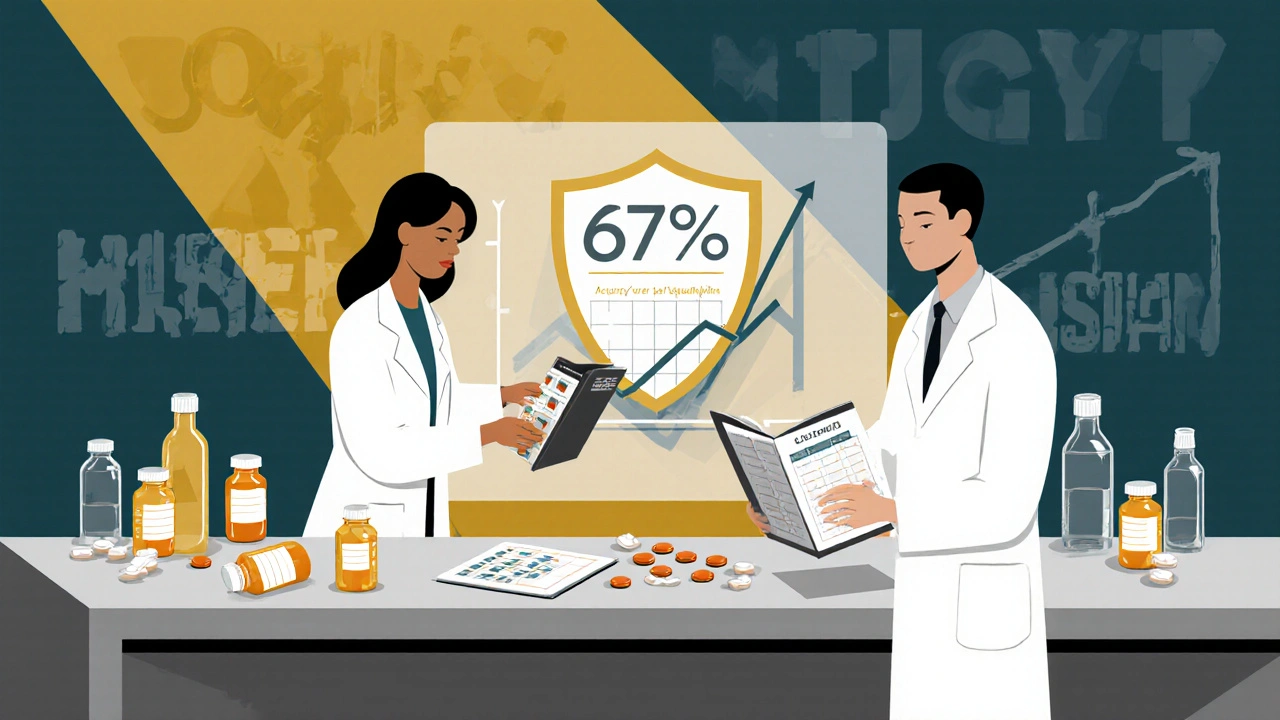 Doctor and pharmacist matching pills from organizer to original bottles