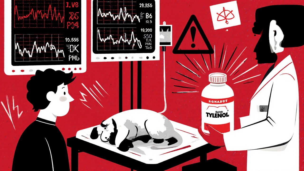 Dog on IV in vet clinic surrounded by glowing monitors, vet holding Tylenol bottle as warning symbols radiate.