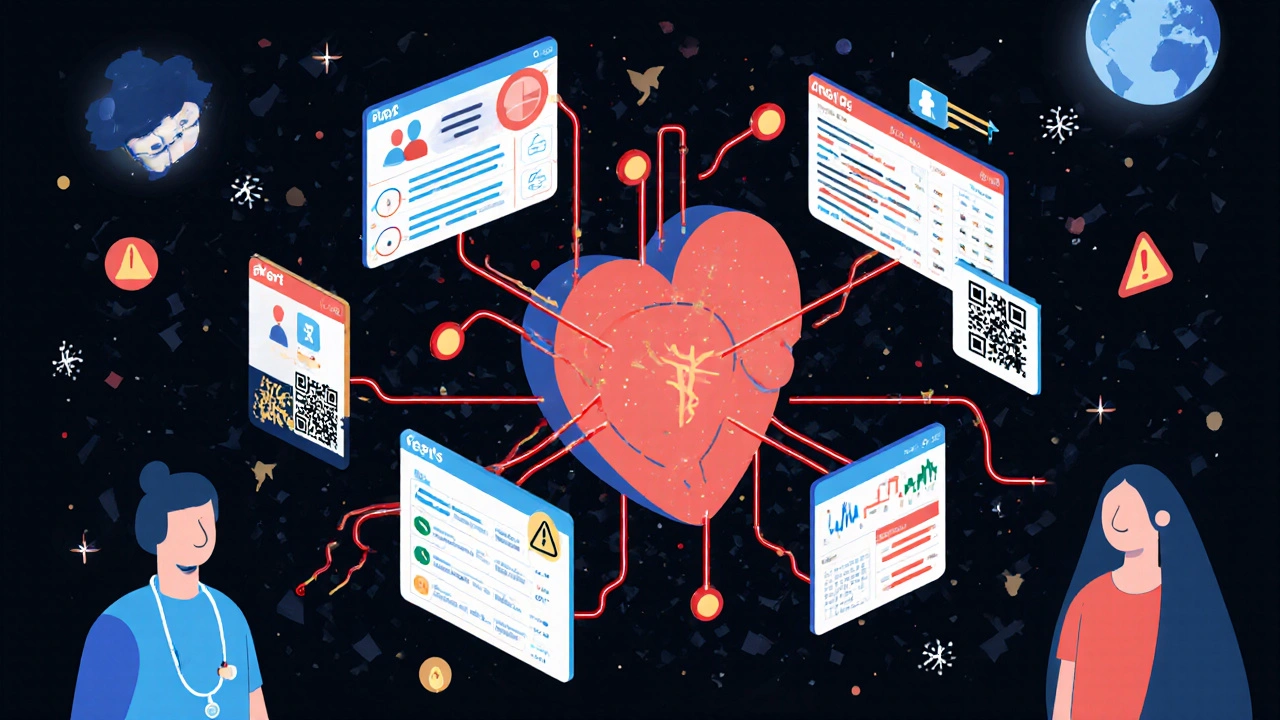 Floating health dashboard with data streams connecting a patient to a central safety hub.