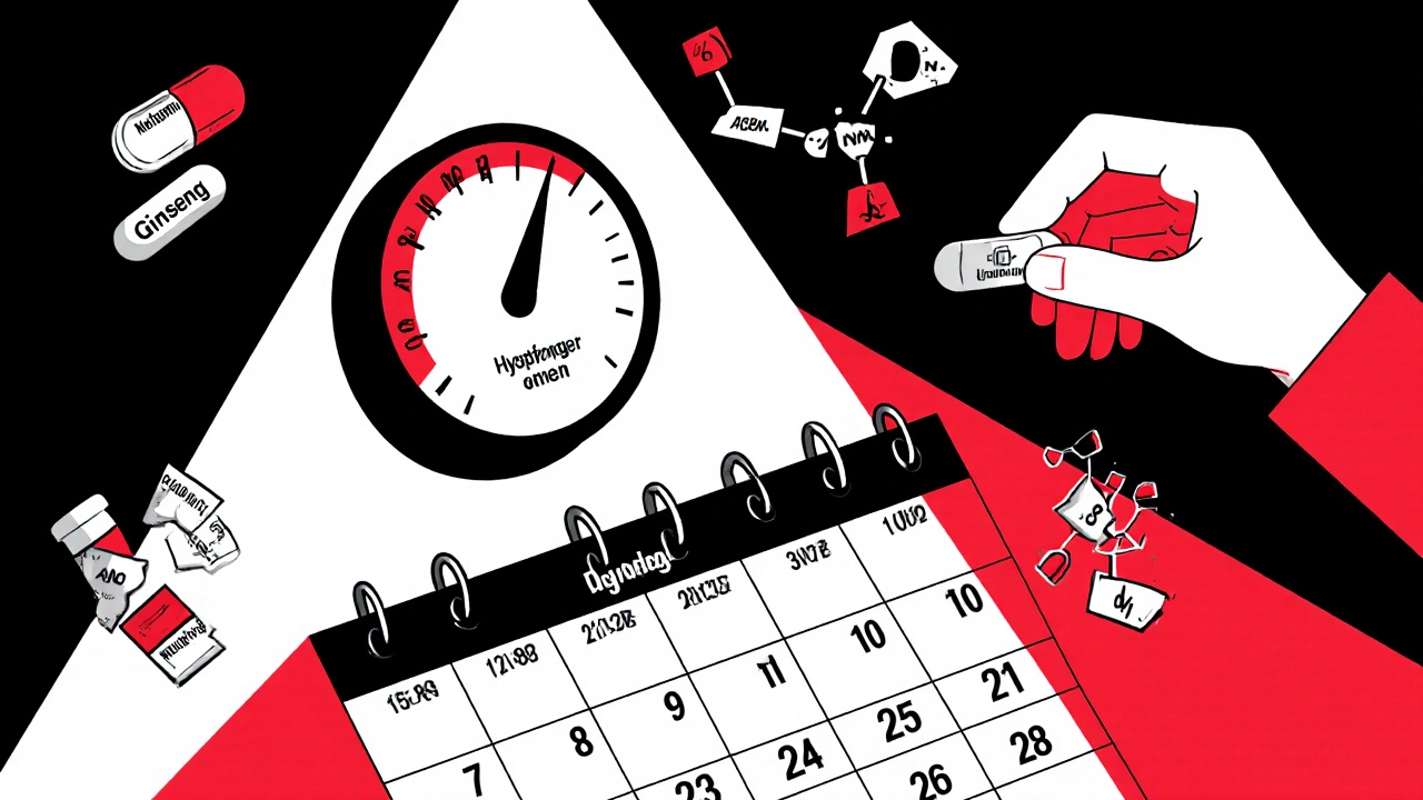 Glucose meter needle near danger zone with floating diabetes pills and ginseng molecules, urgent red accents.
