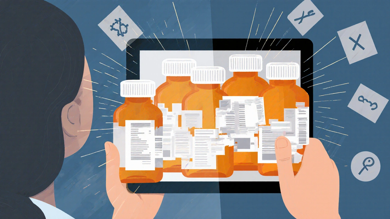 Patient holding pill bottles to tablet during telehealth call, mismatched labels