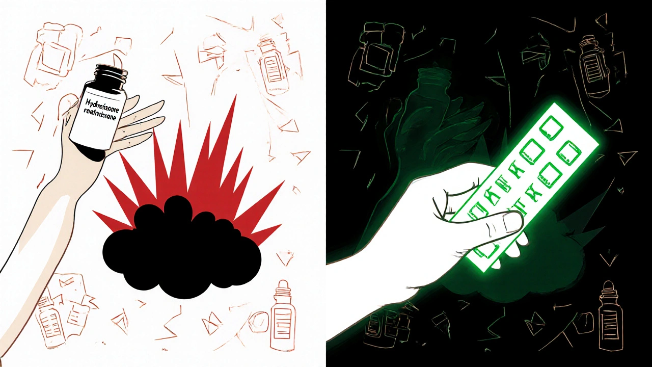 Patient switching from harmful cream to patch test, with fading rash and angular medical symbols.