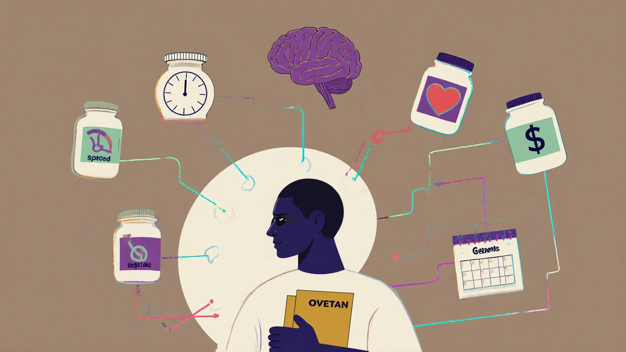 Patient with symptom log and floating medication icons in abstract Constructivist composition