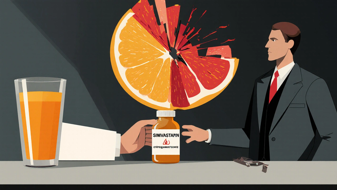 Pharmacist hands a pill bottle as a glowing grapefruit hovers menacingly beside safe orange juice.