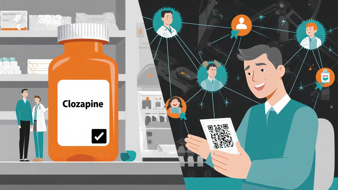 Pharmacist refusing medication until registry enrollment is completed, then handing it over.