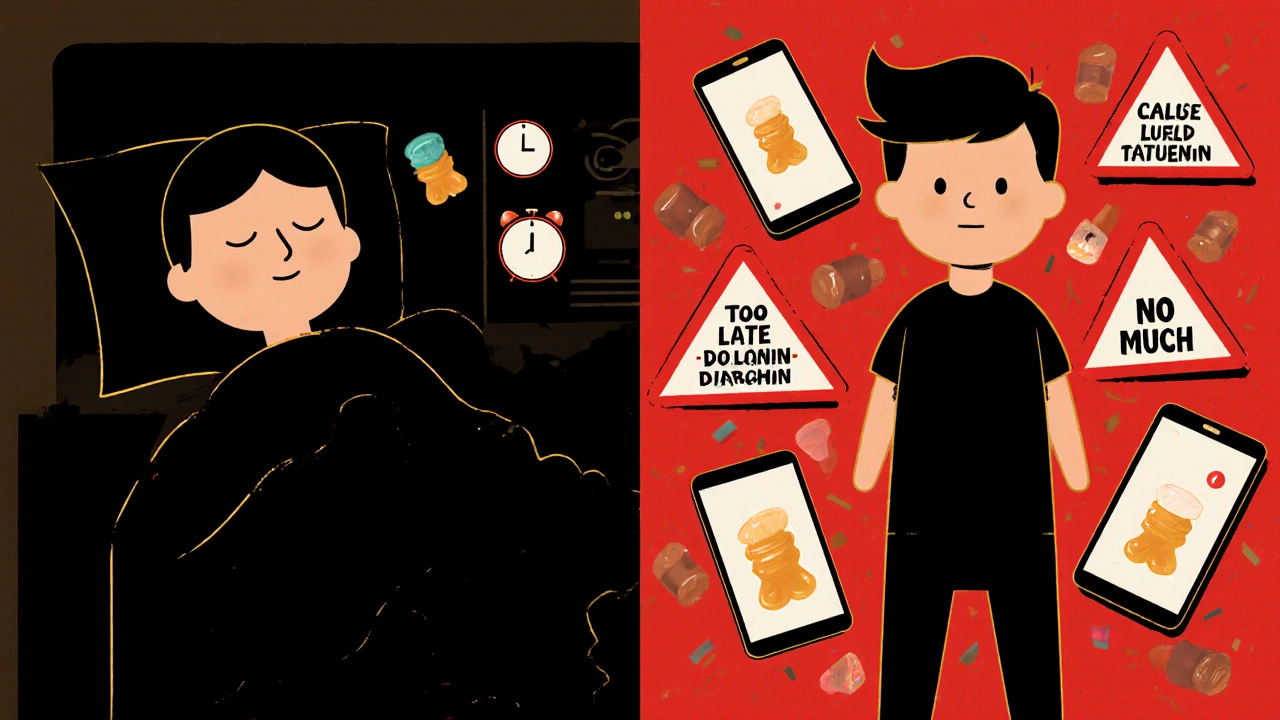 Split bedroom: peaceful sleep vs chaotic insomnia from wrong melatonin use, glowing devices and warning symbols.