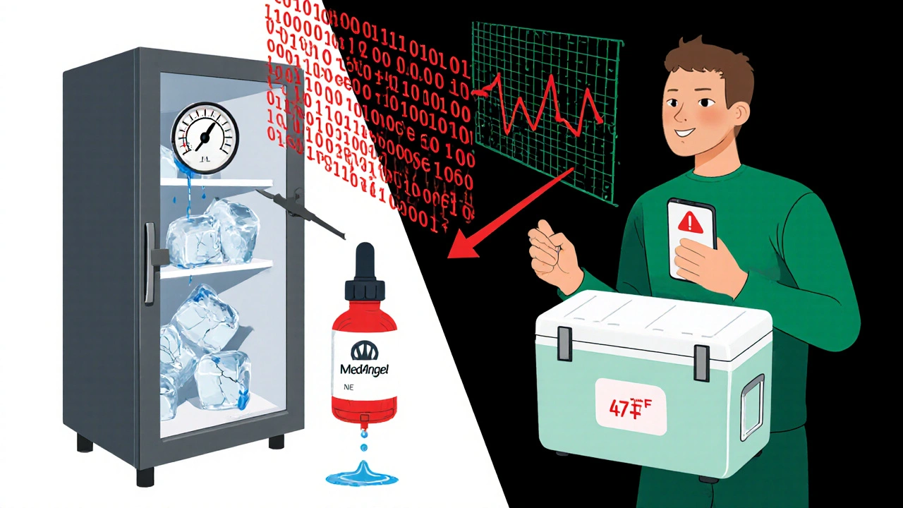 Split scene: broken hotel fridge with melting ice vs. high-tech cooler with temperature alert on phone, mechanical design elements.