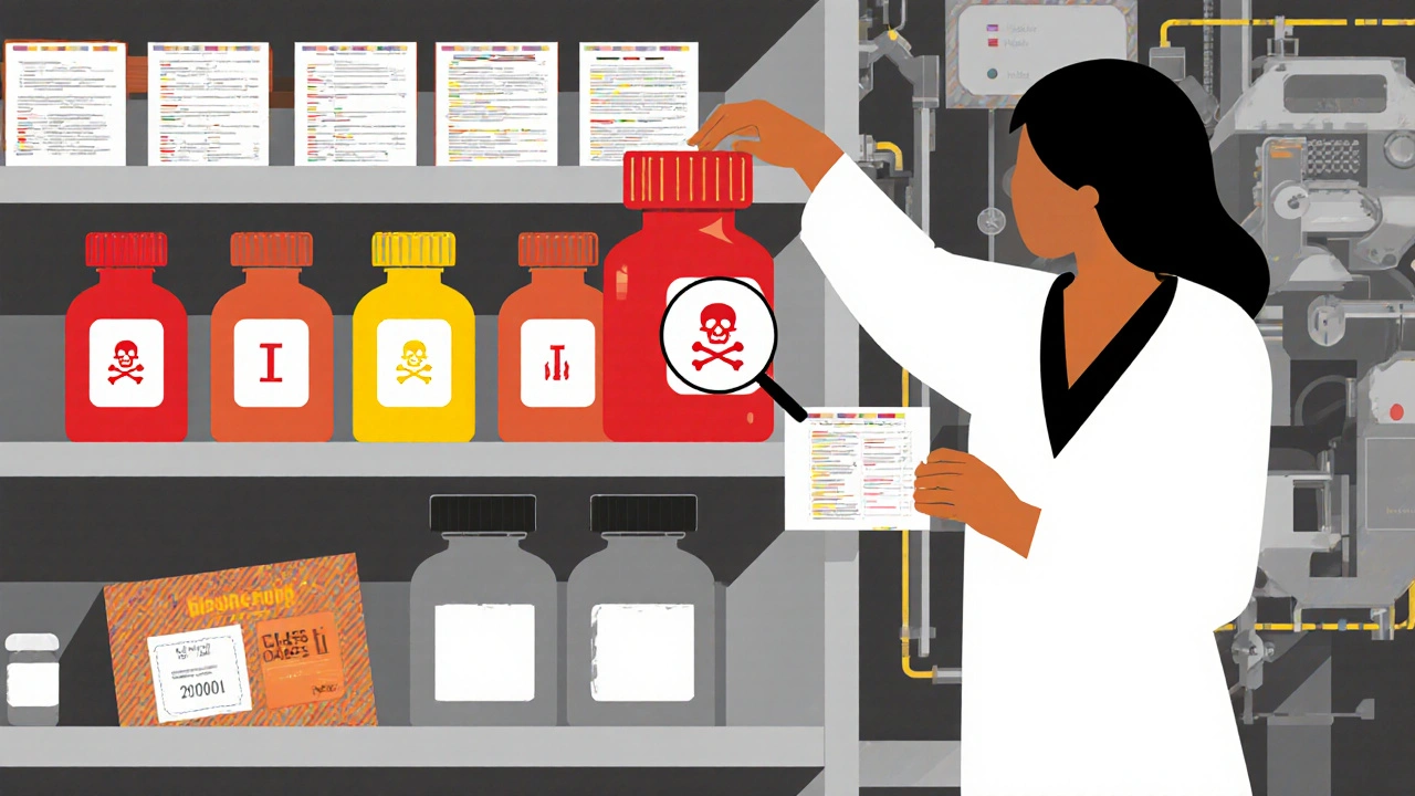 Three tiers of medicine bottles labeled by recall class in a hospital pharmacy, with a pharmacist reaching for a red vial.