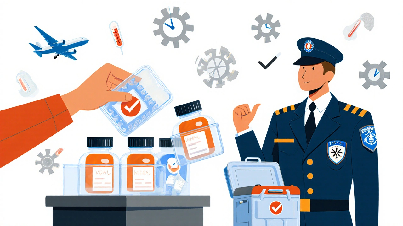 Traveler at TSA checkpoint presenting medication in clear case, agent in gear-shaped uniform, floating icons of planes and thermometers.
