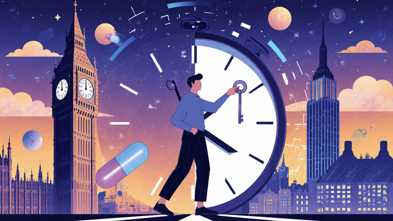 Traveler holding small melatonin tablet as key, standing between London and New York clocks with disrupted time shapes.