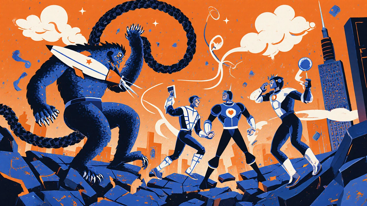 Triptan heroes fighting migraine monsters in a geometric neuron cityscape