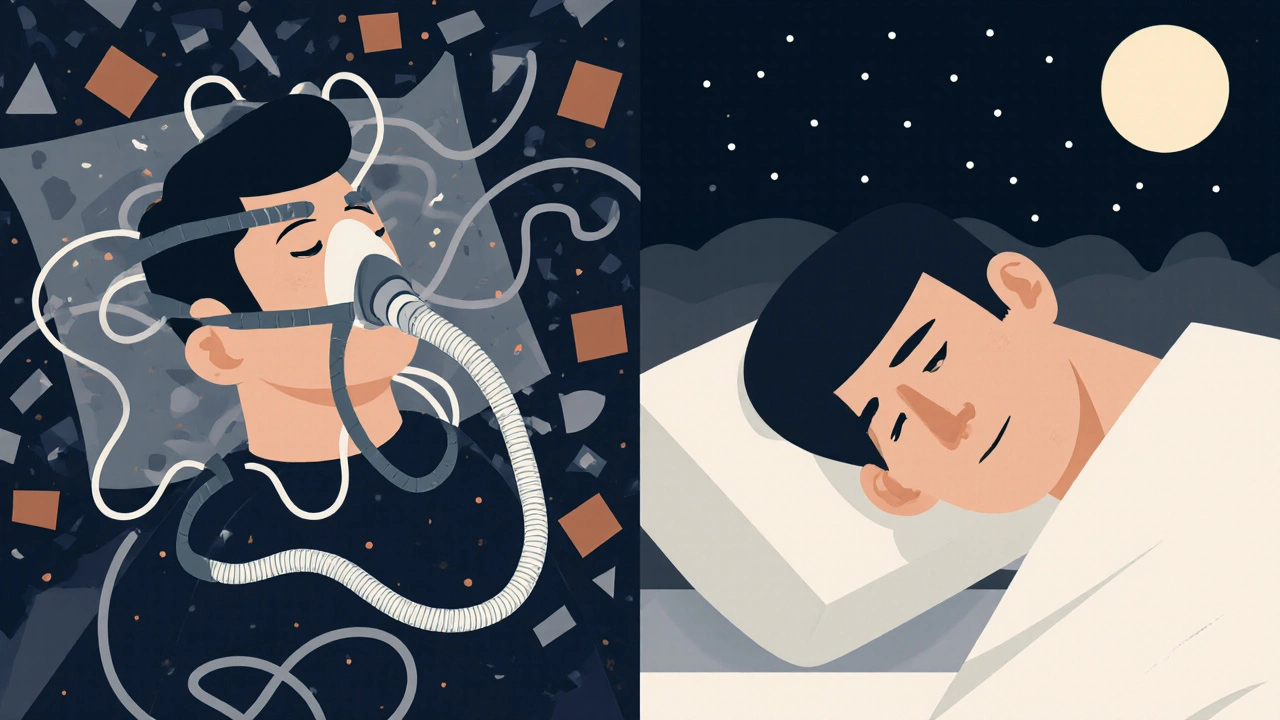 Two sleepers side by side: one with CPAP mask in chaos, the other with oral appliance in calm, shown in bold Constructivist shapes.