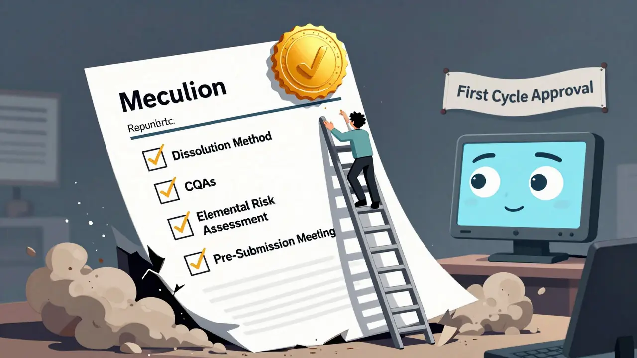 A crumbling drug application transforms into a checklist ladder leading to an approval stamp, with AI watching from above.