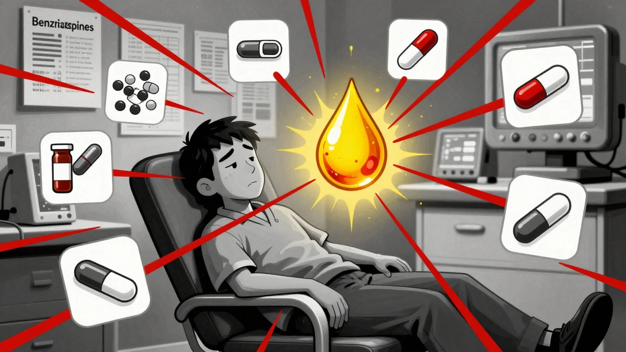 A drowsy patient surrounded by floating sedative icons linked to a pulsing CBD droplet.