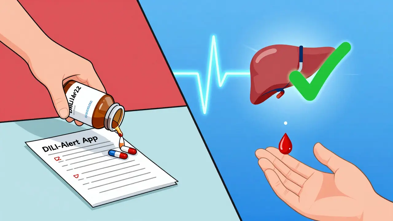 A hand placing a liver safety app beside a medication log, with a glowing biomarker pulse transforming into a green checkmark over a healthy liver.