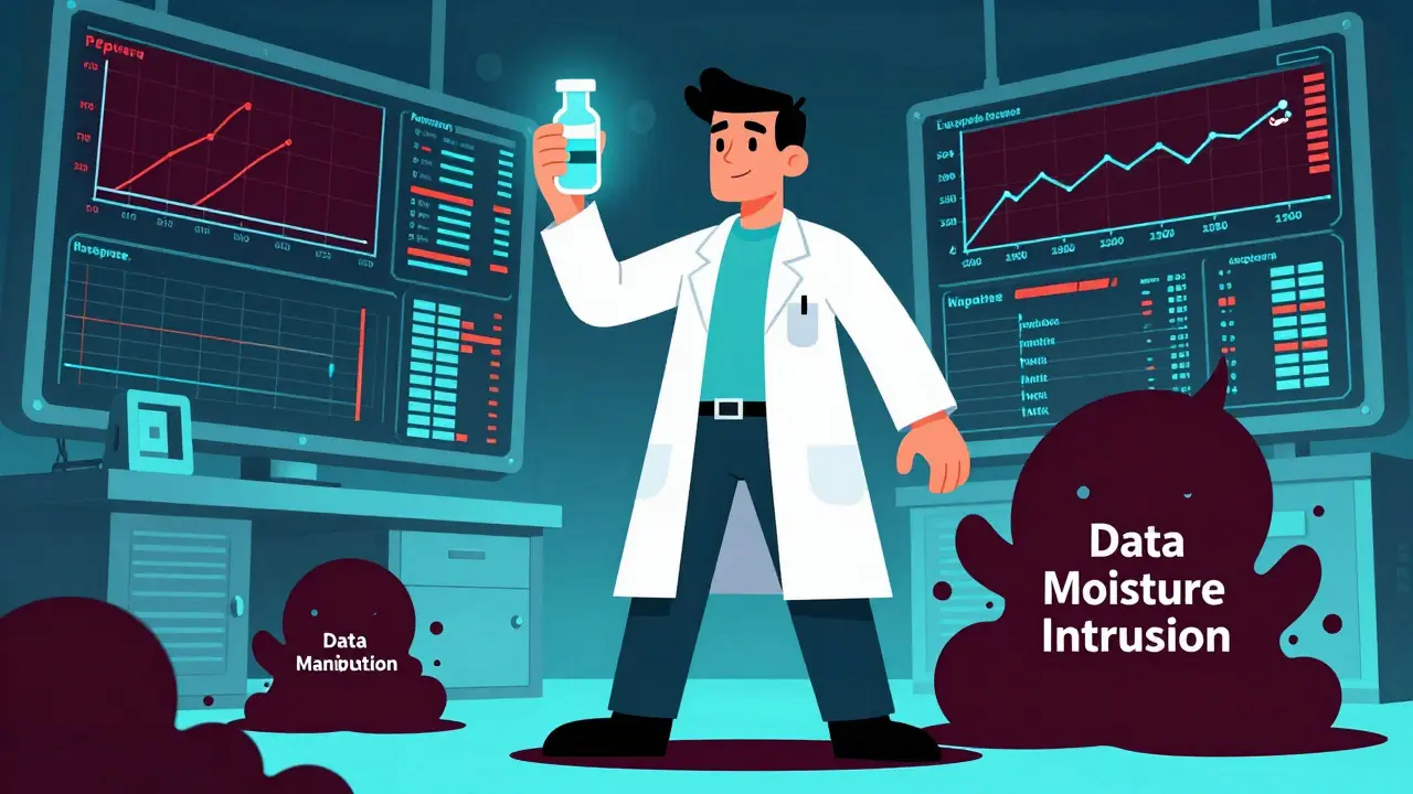 A lab technician stands tall against data walls, pushing back shadowy threats to drug stability.