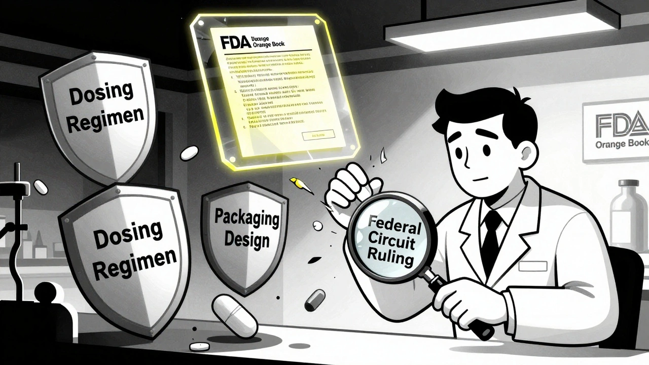 A lab worker dodging shattering patent shields while an Orange Book glows with only valid compound patents.