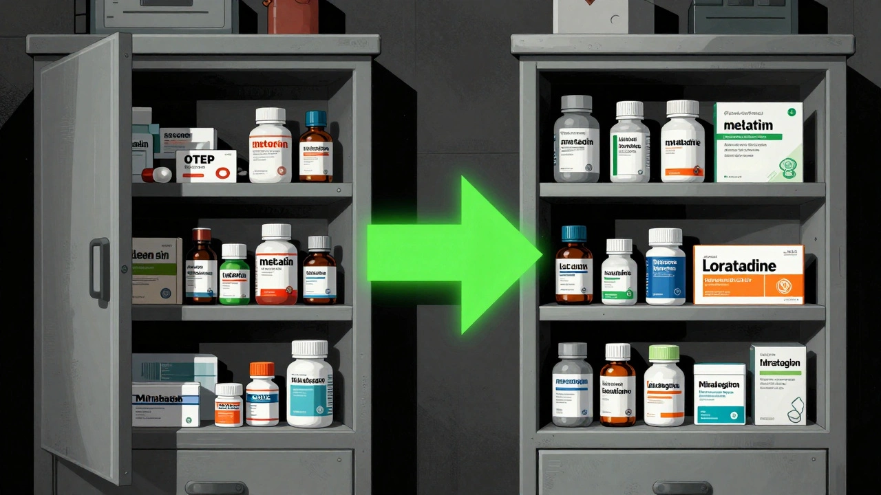 A medicine cabinet splits into chaotic clutter and organized safer alternatives with a glowing green arrow between.