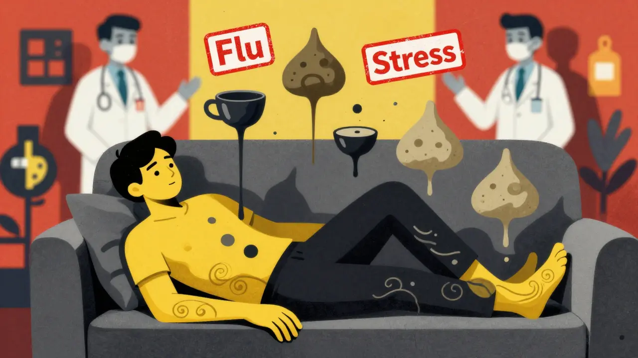 A person with abstract symptoms rising from their body—yellow skin, dark urine, pale stools—while doctors dismiss them with generic labels.