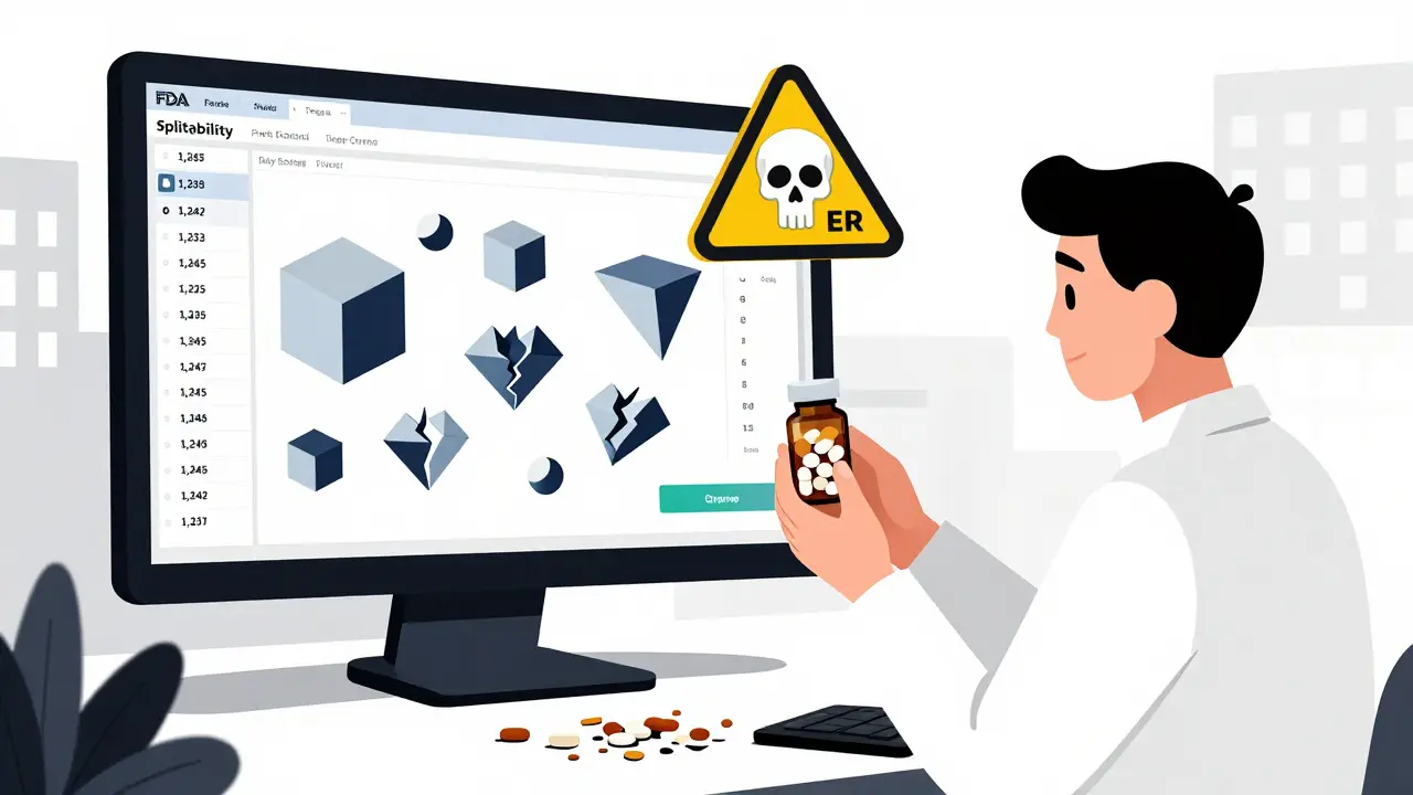 A pharmacist giving split pills while a digital screen shows approved splitable drugs and a warning symbol above crushed pills.