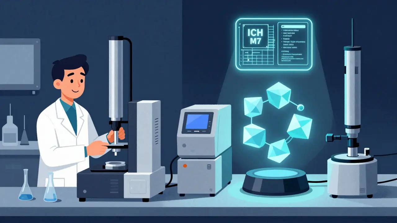 A scientist contrasts basic and advanced drug analysis tools, with molecular structures forming precise geometric shapes.