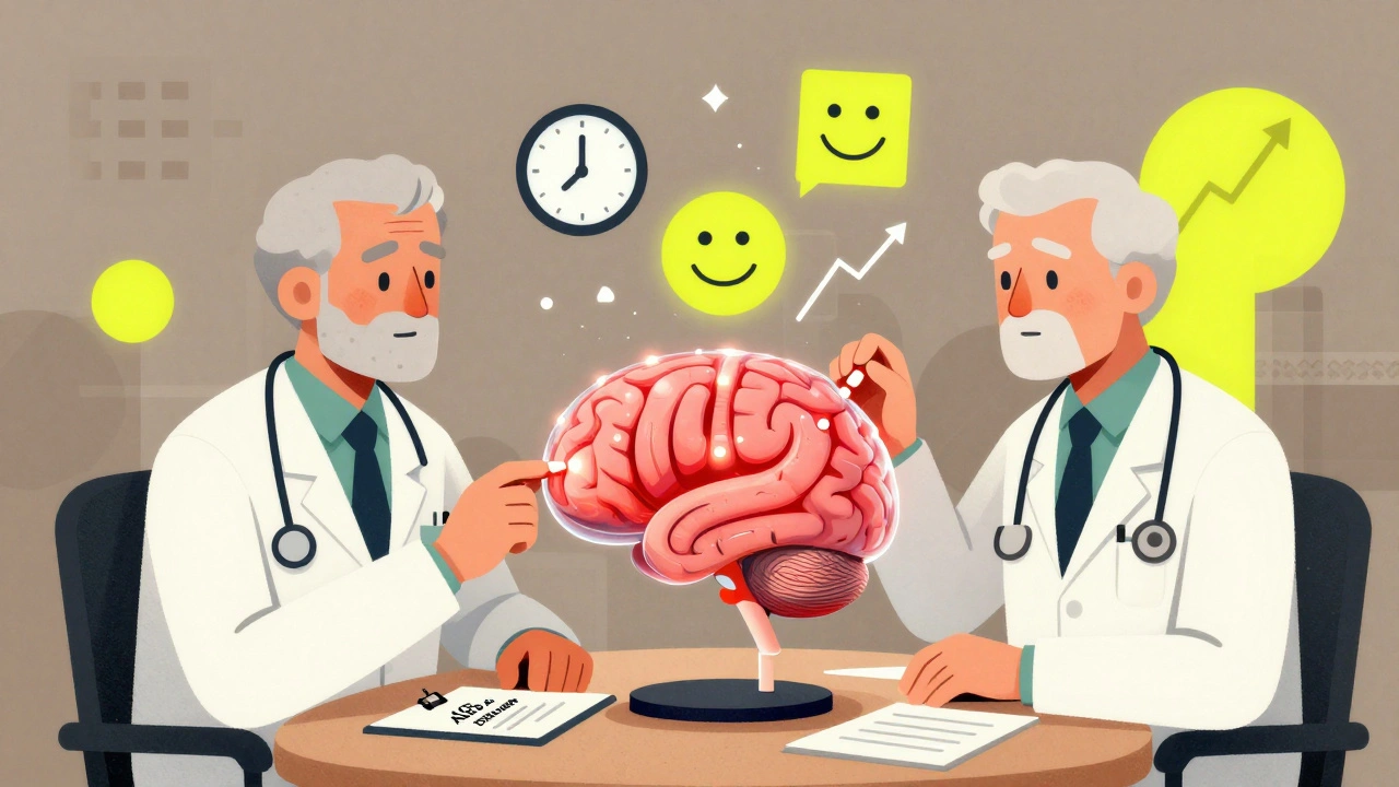 A senior and doctor examine a transparent brain model as pills are removed and cognitive icons rise upward.