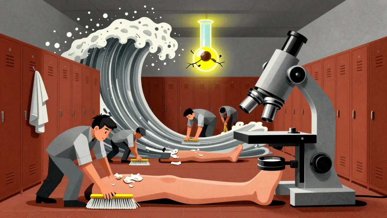 A surreal locker room with floating spores, workers drying skin, and a glowing new drug molecule emerging from a test tube.