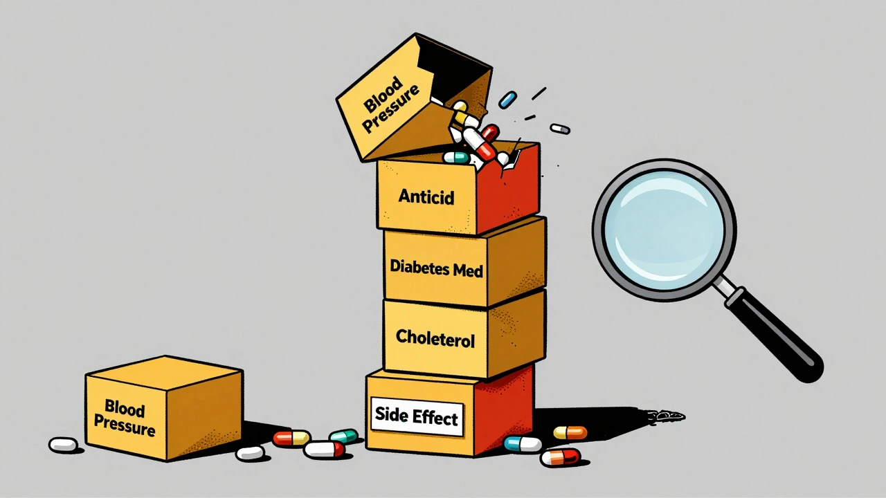 A tower of medication boxes collapsing, revealing a side effect as the root cause.