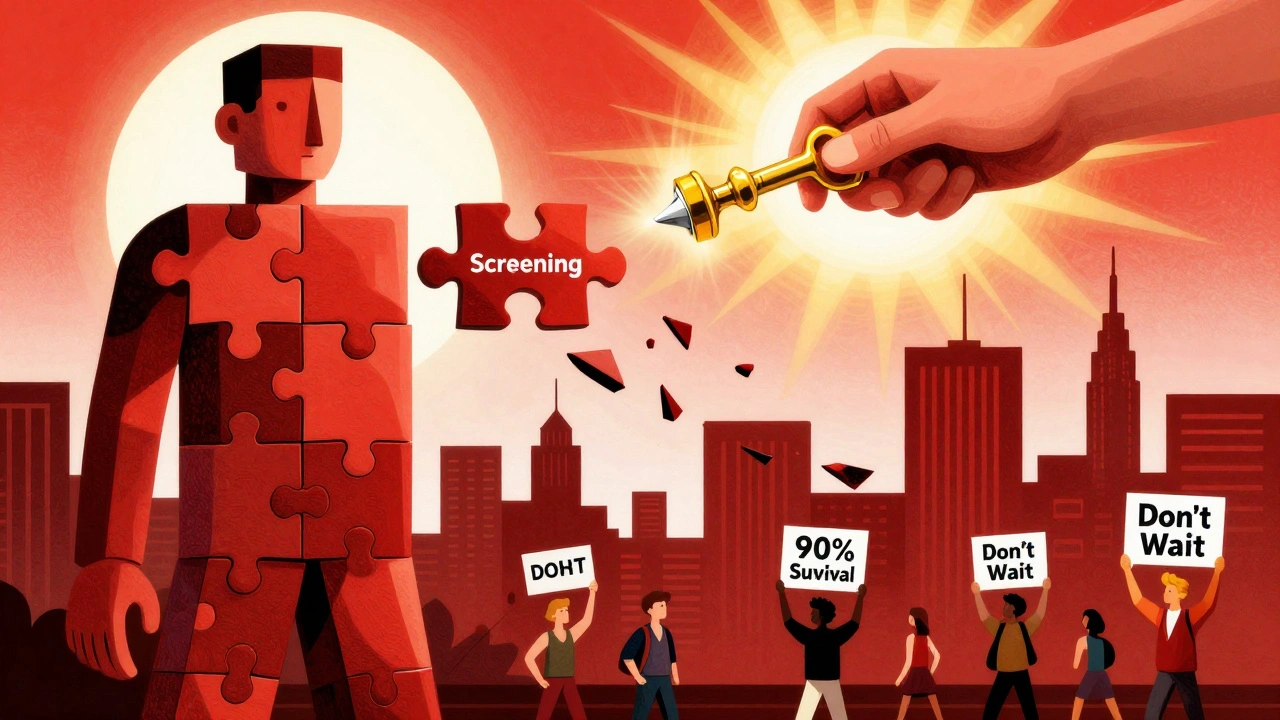 Abstract colon made of puzzle pieces with one missing labeled &#039;Screening&#039;, dark red shards falling, golden tool placed in gap, figures holding &#039;90% Survival&#039; signs.