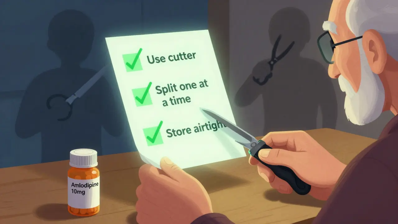 An elderly person using a tablet cutter with a checklist of safe splitting steps glowing in geometric forms.