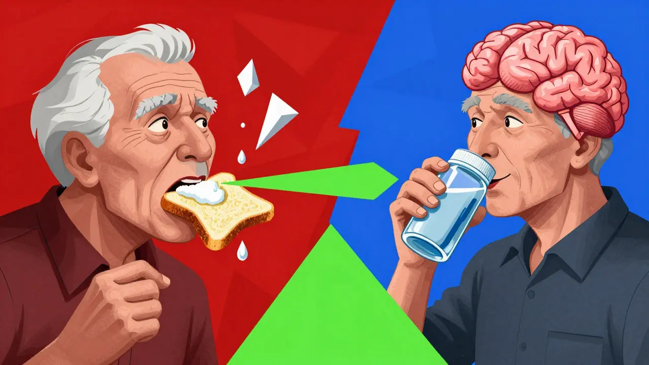 An elderly person with dry mouth on one side, healthy on the other, contrasting drug effects.