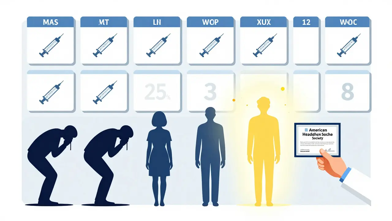 Calendar with syringes and patient transformation from pain to relief in Constructivist style