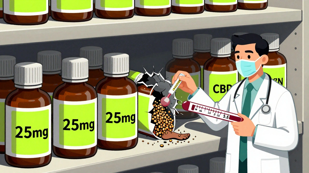 CBD bottles with hidden high doses spilling enzymes crushed underfoot, a blood test shows dangerous INR spike.