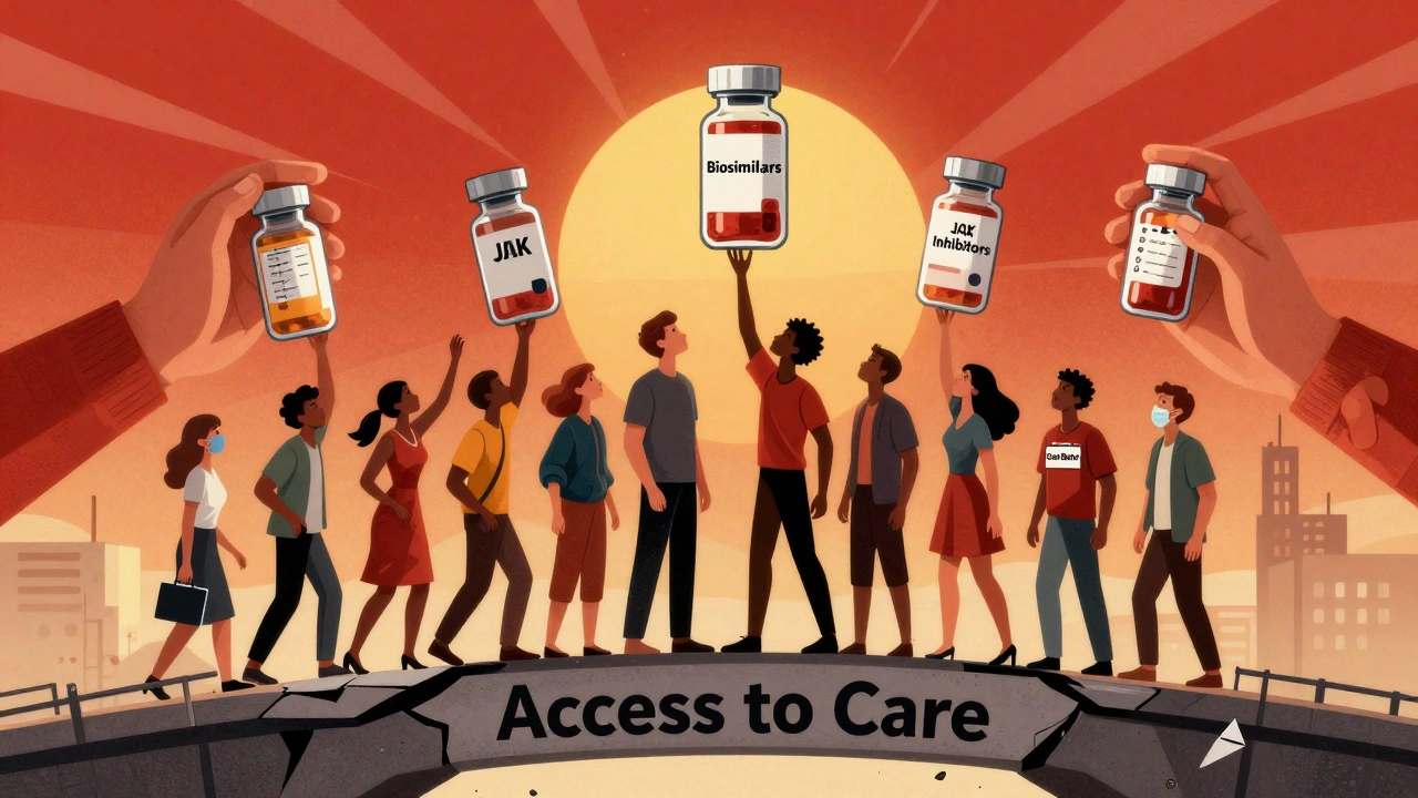 Diverse patients reaching for affordable drug vials across a fractured bridge, symbolizing access barriers in Constructivist industrial style.