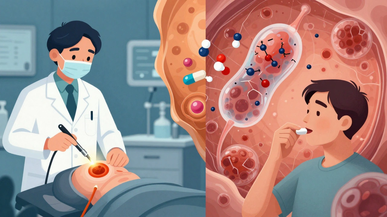 Doctor removing a polyp during colonoscopy on one side, patient taking oral chemo pill on the other, with floating drug molecules and tumor shrinking in background.
