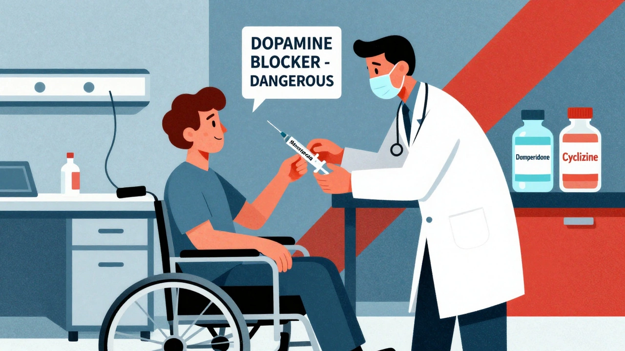 ER doctor giving dangerous antiemetic to Parkinson’s patient while safer alternatives glow in background.