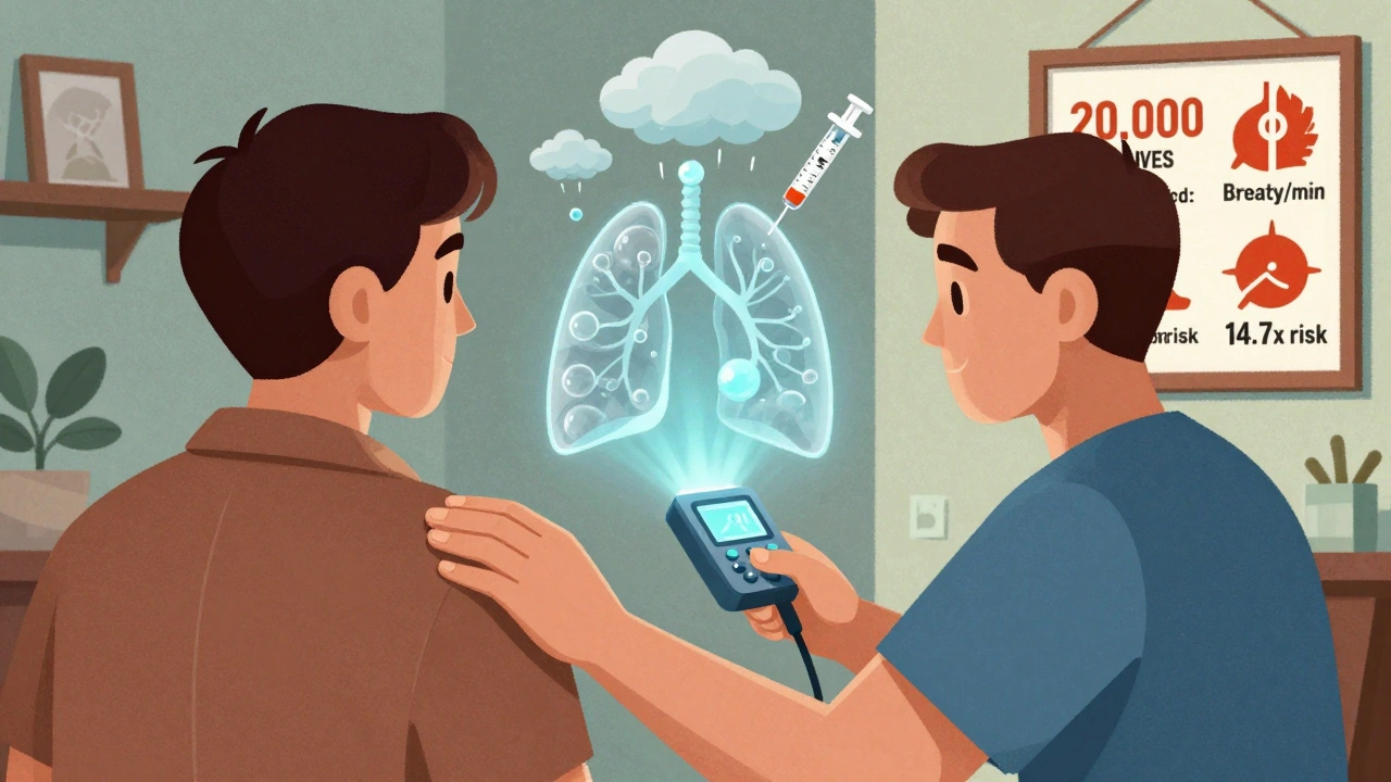 Family member checking breathing of sedated patient, with CO2 diagram and naloxone syringe nearby.