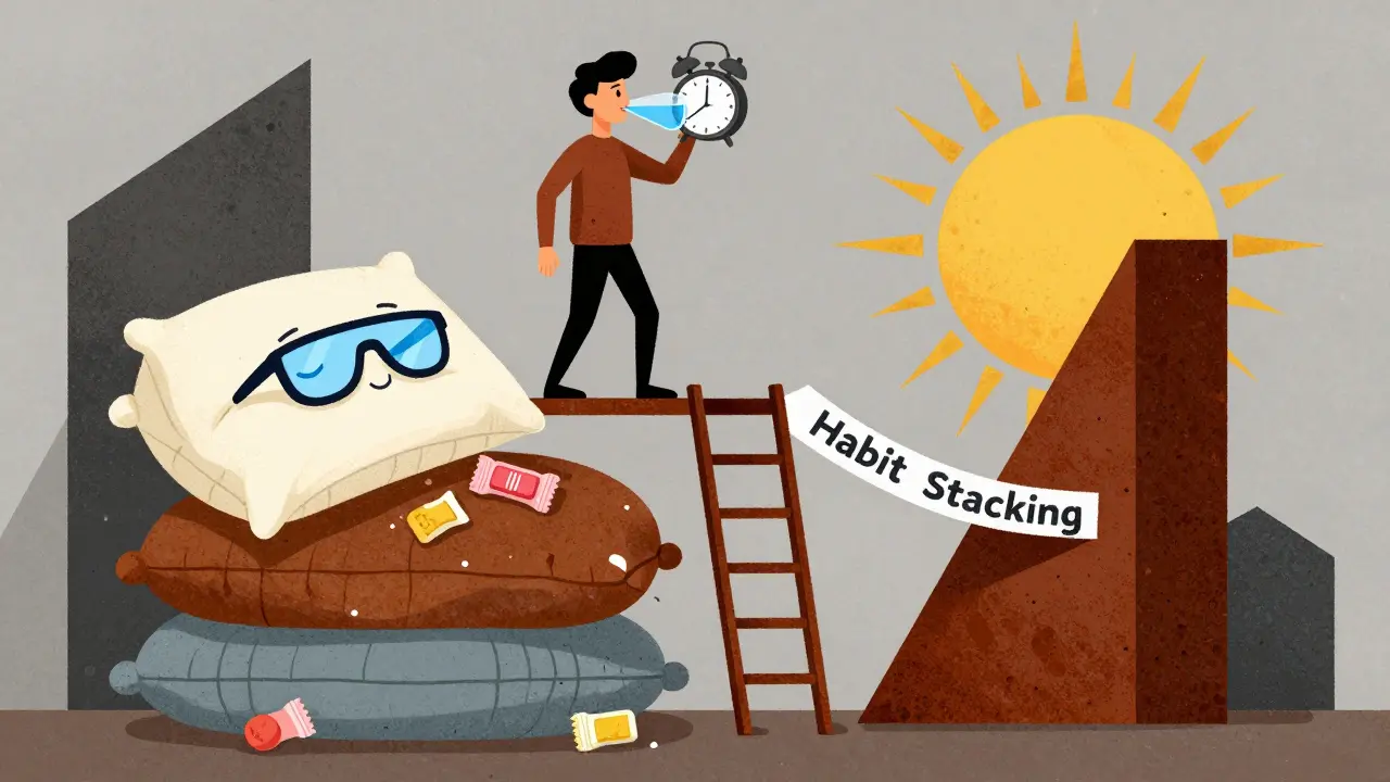 Figure standing on discarded sleep myths, holding alarm clock, climbing habit stacking ladder.