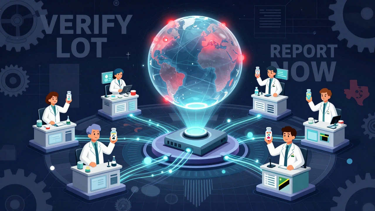 Global network of pharmacists connected by data streams, scanning drugs as red hotspots mark counterfeit cases on a globe.