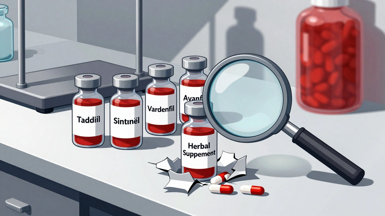 Lab table with legitimate and counterfeit ED pills, one cracked vial leaking hidden drugs