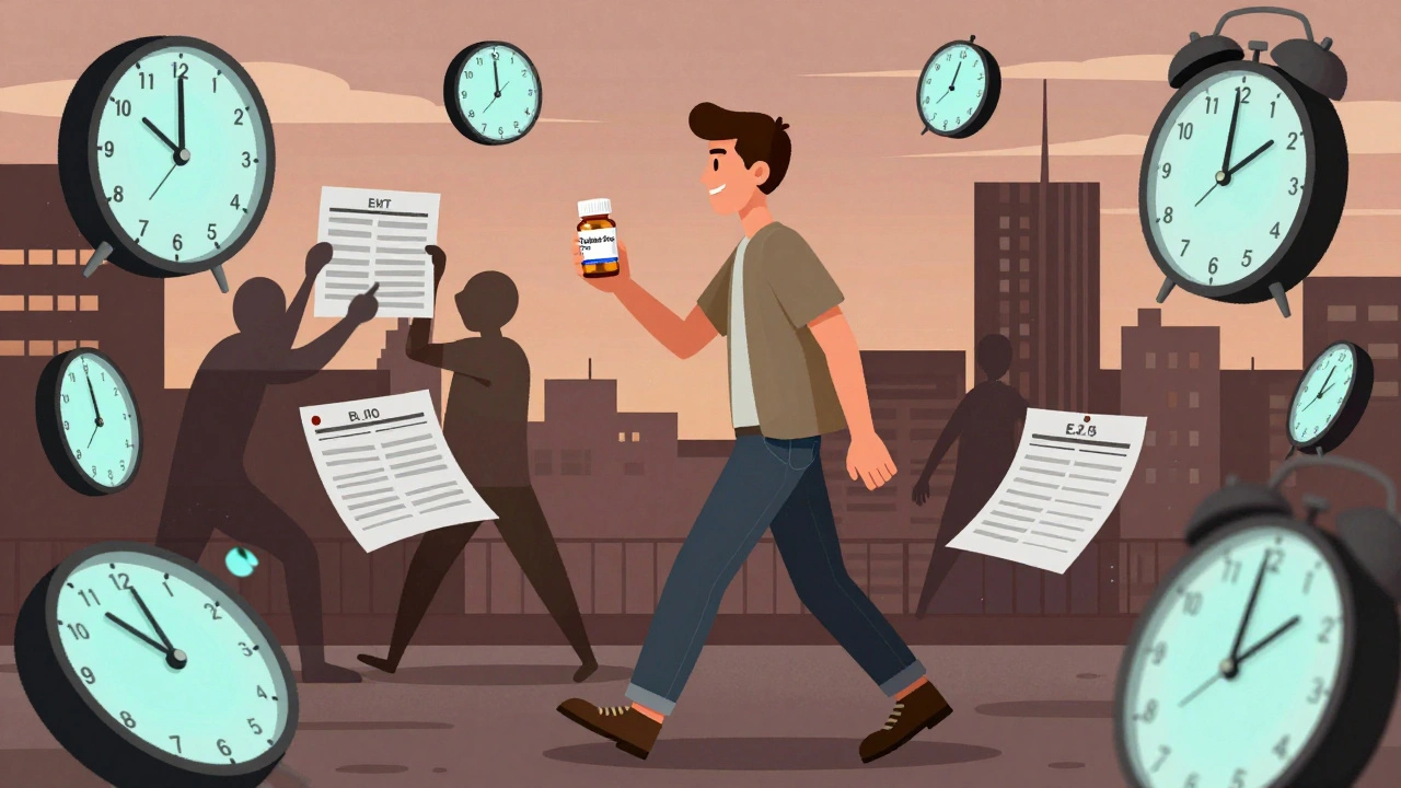 Man walking freely with Tadarise Pro while fragmented clocks represent time freedom