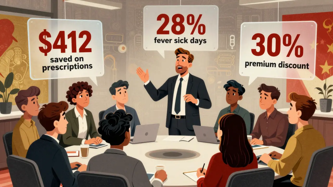 Manager explains real savings numbers to engaged employees with floating data panels.