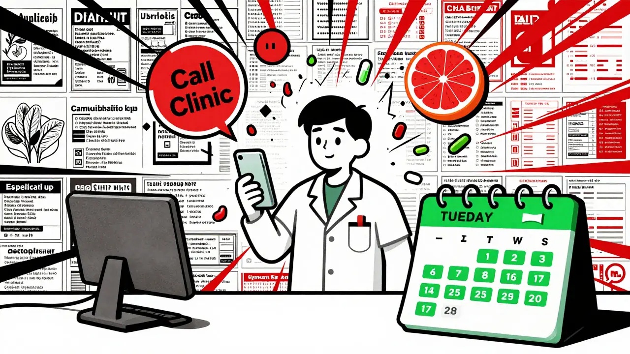 Medical wall mosaic of food labels and test results, warning signs breaking apart, calendar marked for consistent spinach meals.