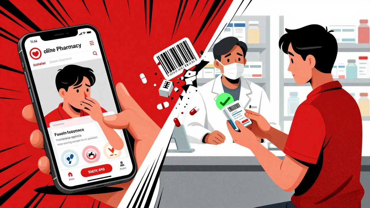Patient buying fake drugs online versus receiving safe medication from a pharmacist in a split illustration.