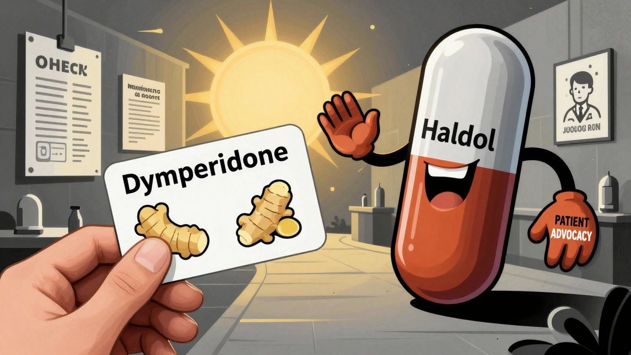 Patient holding safe antiemetic card, pushing away a threatening drug tablet with advocacy hand.