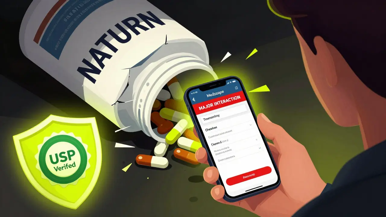 Person checking drug interactions on phone while a 'Natural' supplement label cracks open to reveal hidden drugs.