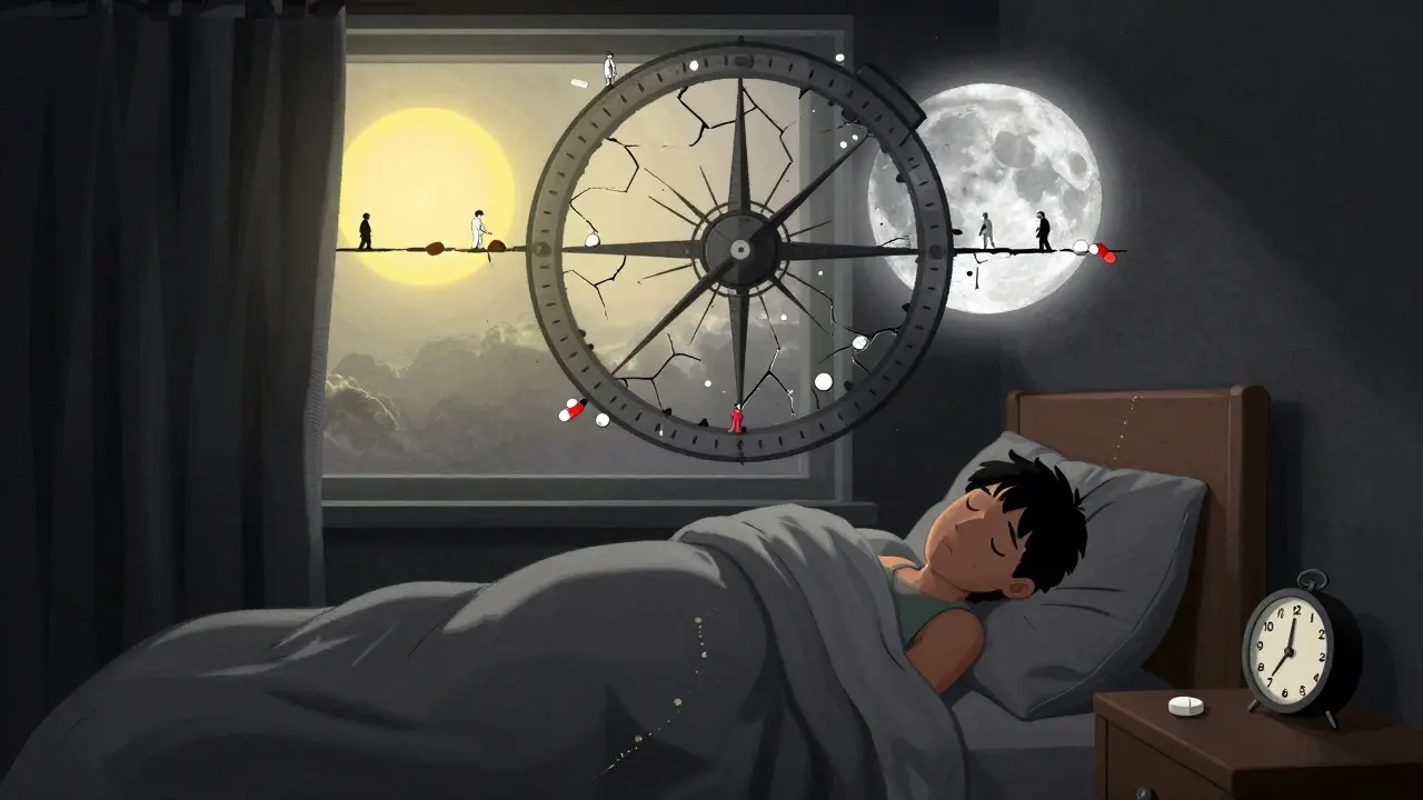 Person sleeping in dark room with melatonin pill and broken circadian rhythm wheel above.