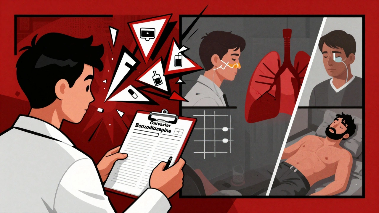 Pharmacist reviewing medications with explosive geometric warning symbols showing dangerous drug interactions.