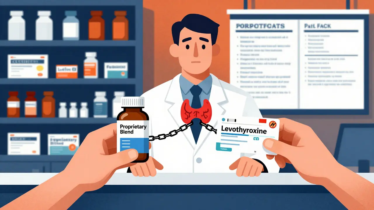 Pharmacist separating a supplement with hidden ingredients from a thyroid medication, chains binding the thyroid symbol.